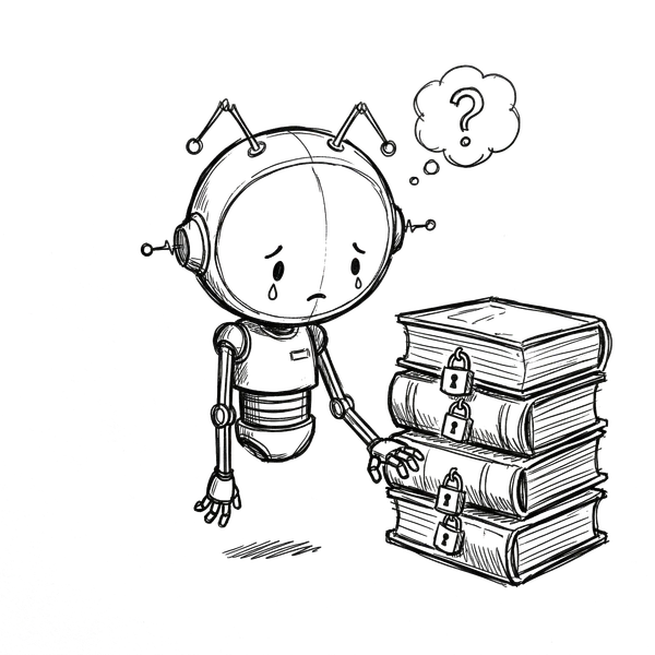 Sheldon the robot looking sadly at a stack of locked books he cannot access